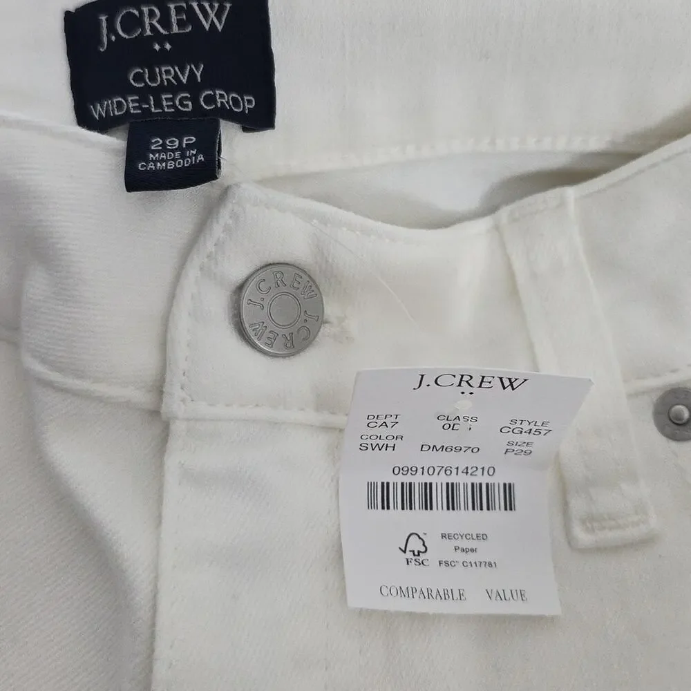 J. Crew Curvy Wide-Leg Crop Jeans White Raw Hem High Rise NWT - Size 29 Petite